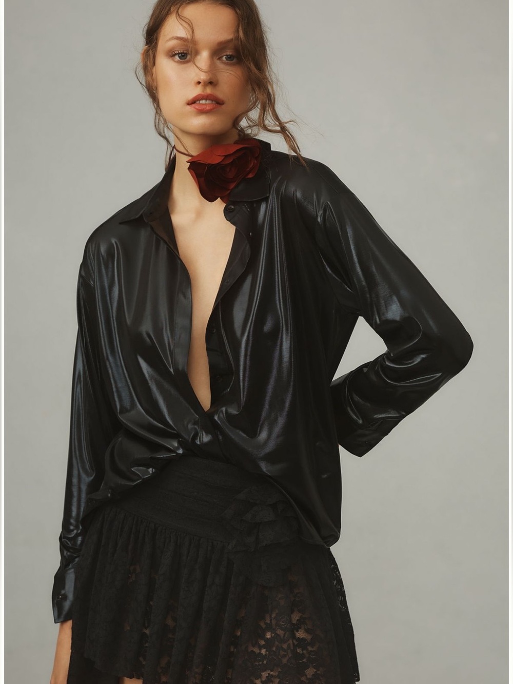 Anthropologie The Gillian Liquid Shine Buttondown Shirt - Black